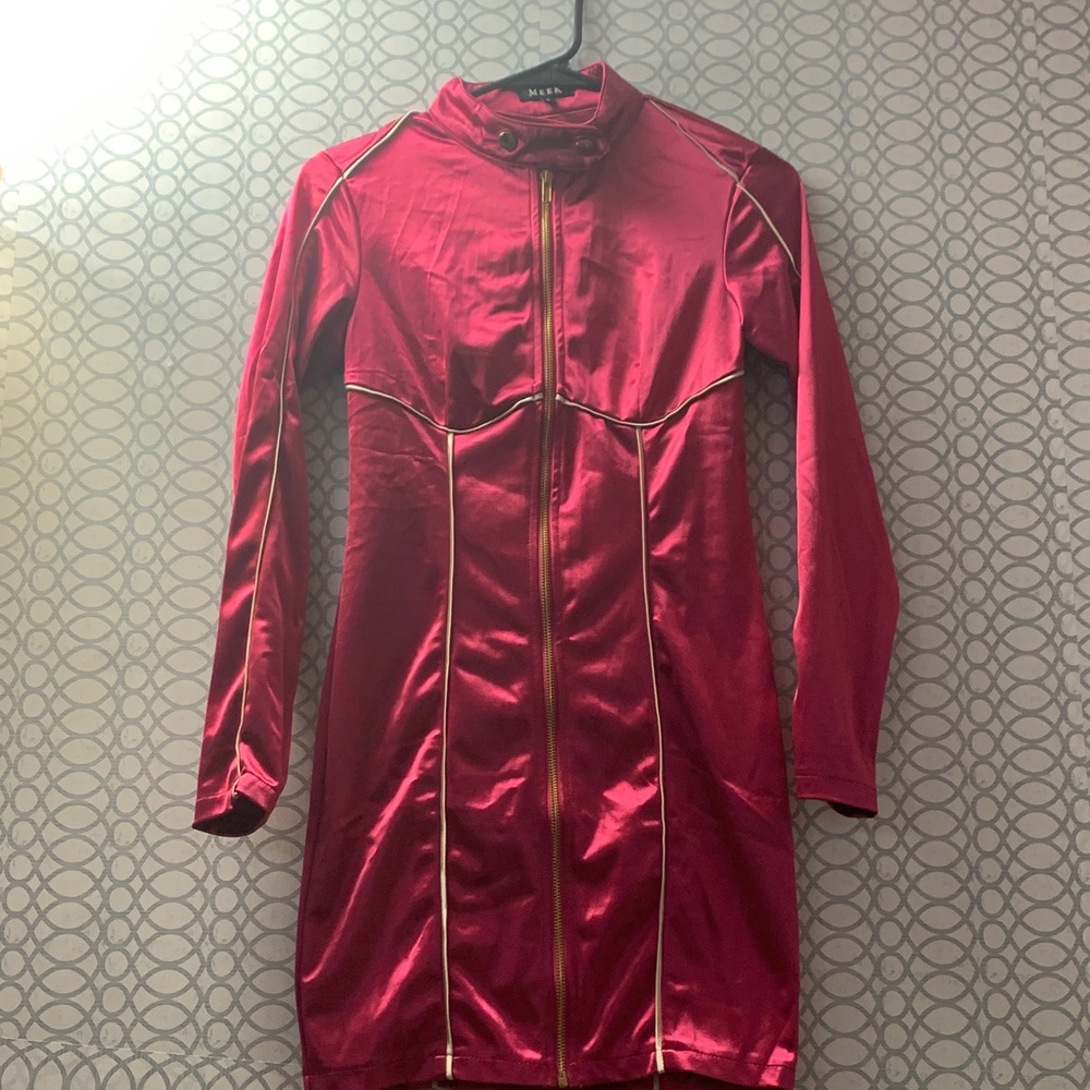 Bebe Fuchsia Long Sleeve Dress with Gold Accents